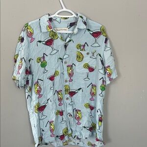 Molokai Surf Vingage Tropical Cocktail Print Blue Casual Shirt Large